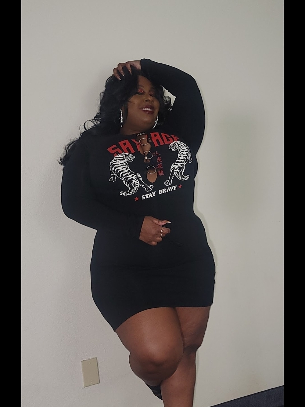 Fashion Nova Black Tiger Graphic Ring-Detail Mini Dress